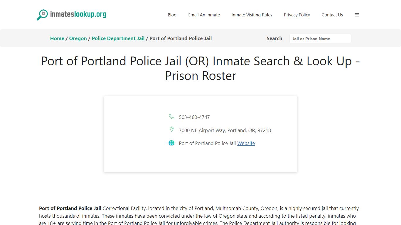 Port of Portland Police Jail (OR) Inmate Search & Look Up - Prison Roster